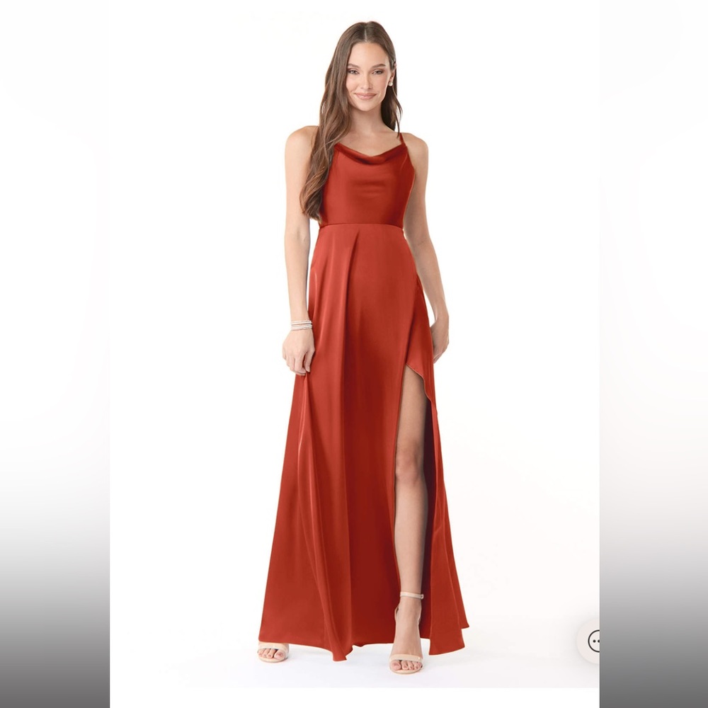 Azazie Naomie A-Line Cowl Neckline Side Slit Stretch Satin Dress Rust